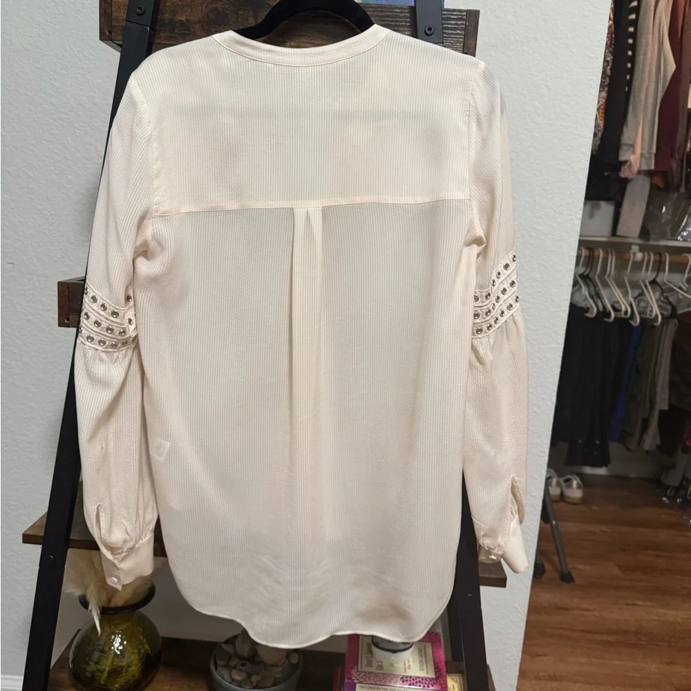 Veronica Beard Silk Blouse Cream Studded Trim Long Sleeve Boho Top - Picture 6 of 11